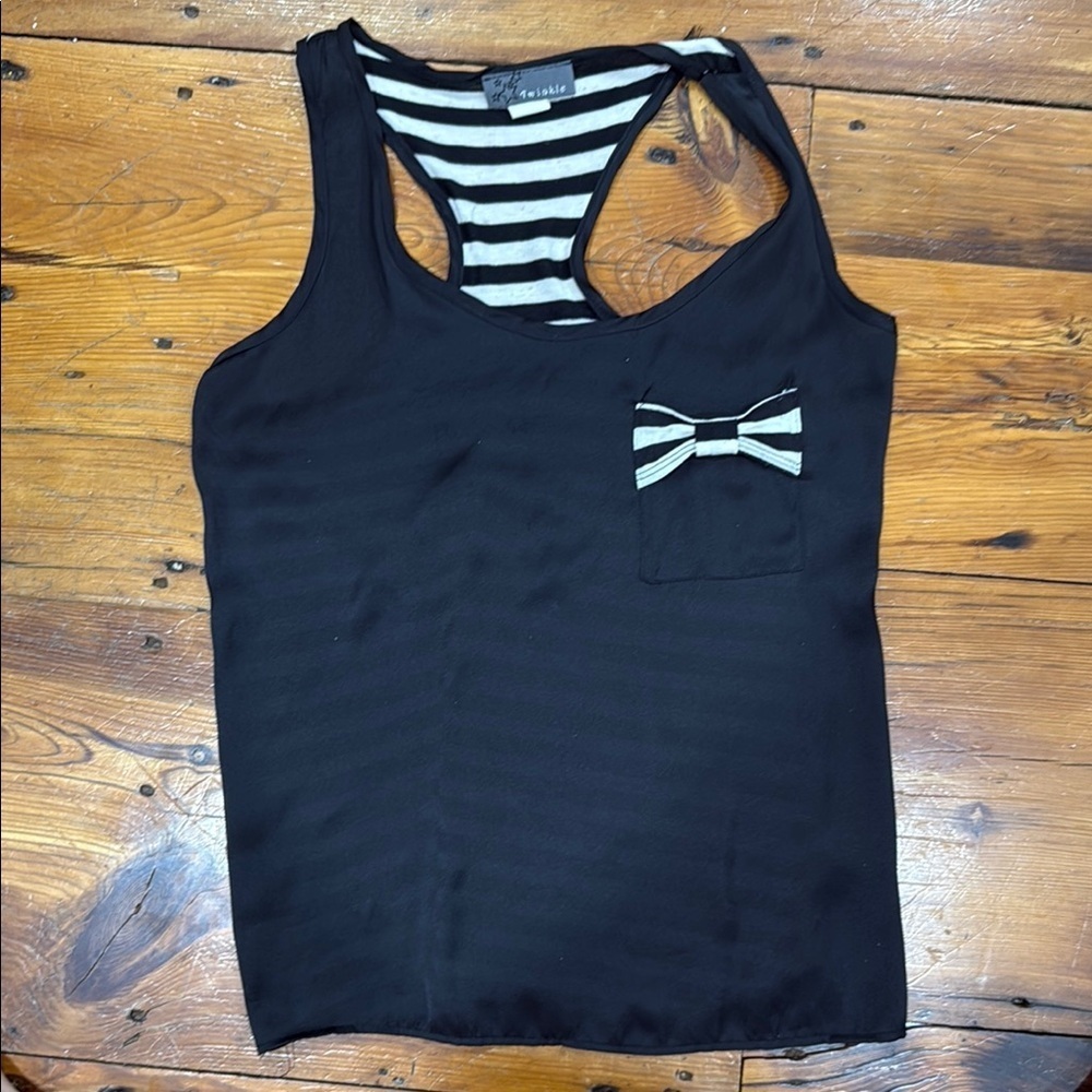 Twinkle Black & White Striped Razor Back Tank Top Shirt Bow Tie Pocket Size Medi